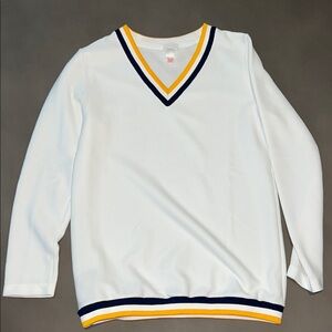 V-Neck White Sweater with Navy and Yellow Trim